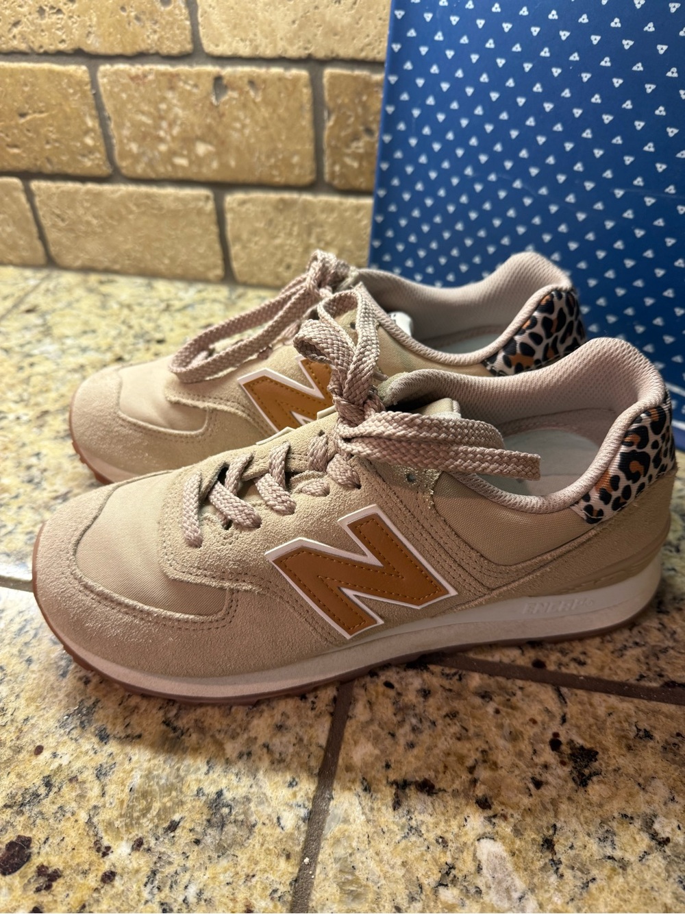 New Balance Beige Sneakers with Tan Logo and Leopard Heel 574